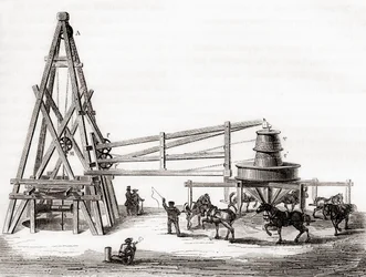 Arbeiders die de carrousel en lier gebruiken om de artesische putten in Grenelle, Frankrijk in de 19e eeuw te boren, uit 
