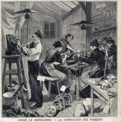 Werkplaats voor het maken van maskers voor de verkleedpartijen van het Mardi Gras-festival. In 