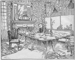 Schrijver Alexandre Dumas Jr. (1824-1895) in zijn werkkamer. Gravure in 