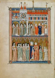 Mis bijgewoond door ambtenaren met een processie hieronder, ca. 1300