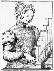 Jonge vrouw die een portatief orgel bespeelt