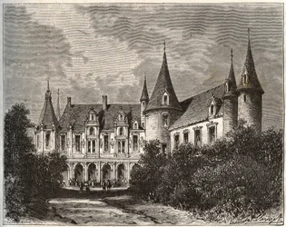 kasteel van de rots in Mezangers in Mayenne - gravure in 