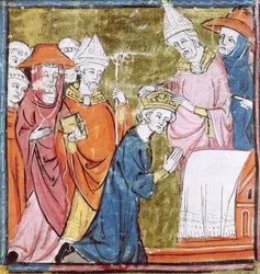 Fol. 106r: De kroning van keizer Karel de Grote (742-814) door paus Leo III (ca. 750-816) in de Sint-Pietersbasiliek te Rome in 800, Grandes Chroniques de France, 1375-79