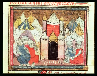 f.259r Het Beleg van Chateau-Gaillard in 1204 toen Filips Augustus van Frankrijk (1165-1223) koning Jan (Lackland) van Engeland (1199-1216) versloeg, uit de Grandes Chroniques de France, 1375-79