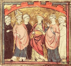 f.73r Dagobert I (605-39), koning van de Franken ontvangt het koninkrijk Frankrijk, uit de Grandes Chroniques de France, 1375-79