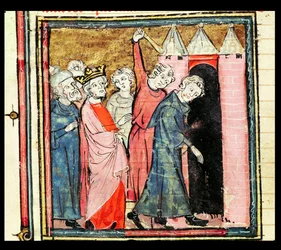f.86v Karel Martel ziet toe op de bestraffing en verbanning van twee mannen, uit de Grandes Chroniques de France, 1375-79