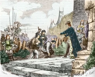 de dolfijn Lodewijk (toen Lodewijk XI), de hertog Jan II van Alençon en de hertog Karel I van Bourbon vragen vergiffenis aan koning Karel VII