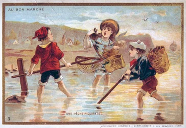 Vintage ansichtkaart met kinderen op een strand
