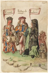 Een Hoveling Staande Tussen Hebzucht en Huichelarij [fol. 14 recto]