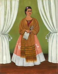 Frida Kahlo tussen twee gordijnen/zelfportret opgedragen aan Leon Trotski