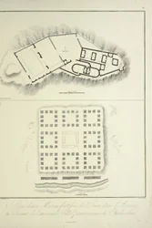 Plan van een versterkte Inca-woning in Assuay; en ruïnes van de oude Peruaanse stad Chulucanas, gegraveerd door Bouquet, illustratie uit 