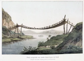 Touwhangbrug in Zuid-Amerika, gebaseerd op een tekening van Alexander Von Humboldt