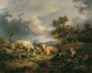 Jong boerenpaar rustend op het veld