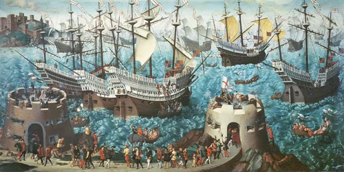 Inscheping van Hendrik VIII (1491-1547) aan boord van de Henry Grace a Dieu in 1520, gekopieerd van een schilderij door Vincent Volpi