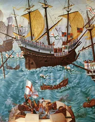 Inscheping van Hendrik VIII 1491-1547 aan boord van de Henry Grace a Dieu in 1520, gekopieerd van een schilderij door Vincent Volpi (detail)