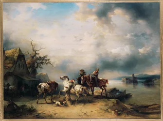 Paarden die boten trekken rusten uit bij een café aan de Donau (schilderij op hout)