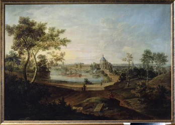 Uitzicht op het Grote Paleis in Oranienbaum, gebouwd door architect Antonio Rinaldi voor keizerin Catharina II de Grote. Schilderij van Friedrich Hartmann Barisien (1724-1796) 1758
