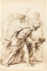 Zeven mannen in antieke kleding
