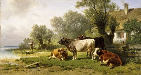 Vee in een Boerderij langs een Rivier met een Visser