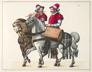 Twee muzikanten op een toernooi, plaat uit A History of the Development and Customs of Chivalry, door Dr. Franz Kottenkamp, uitgegeven door Carl Hoffmann, 1842