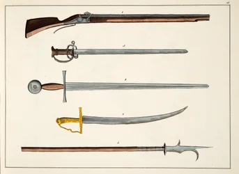 Wapens inclusief zwaarden en speren, ca. 1400, plaat uit A History of the Development and Customs of Chivalry, door Dr. Franz Kottenkamp, uitgegeven door Carl Hoffmann, 1842