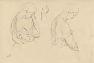 Twee vrouwenfiguren op halve lengte en een studie van een hand