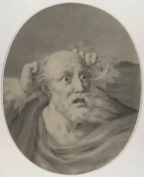Oude man met baard, die zijn haar in de war maakt