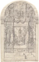 Een uitgebreid altaar met de opstanding van Christus en het martelaarschap van Sint-Andreus