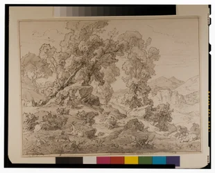 Faun en nimf in Arcadisch landschap