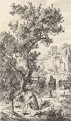 Odysseus bezoekt zijn vader Laertes (gravure)