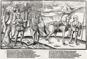 Een soldaat met een strijdbijl overhandigt een speer aan een Ierse hoofdman in vol ornaat, met een page die het paard van de hoofdman vasthoudt, plaat 1 uit 