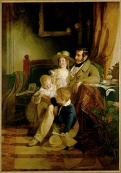 Rudolf von Arthaber en zijn kinderen Rudolf Emilie en Gustav, kijken naar de foto van hun overleden vrouw en moeder ... (schilderij op doek)