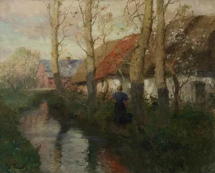 Een rivier in Normandië met een vrouw die water draagt