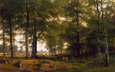Een bebost landschap met een koeherder