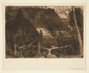 Vrouw tussen boerengebouwen