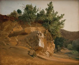 Italiaans berglandschap met overwoekerde rots, waarschijnlijk bij Olevano