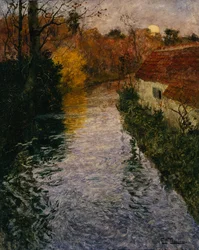 Rivierlandschap met een Huisje in de Herfst