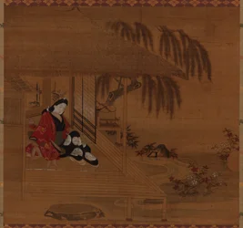 Tuin, interieur en zittend meisje, Edo-periode, 1615-1868