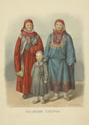 Kazan Tataarse Vrouwen, illustratie uit de serie Kleding van de Russische Staat, 1869