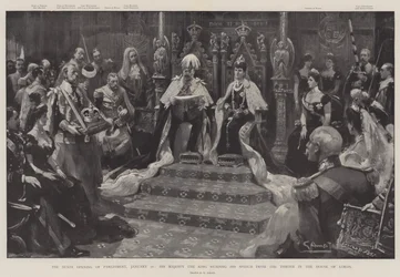 De staatsopening van het parlement, 16 januari, Zijne Majesteit de Koning leest zijn toespraak vanaf de troon in het Hogerhuis