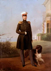 Portret van de Russische tsaar Nicolaas I (1796-1855) in Peterhof Schilderij door Georg Botmann (19e eeuw). 19e eeuw. Sint-Petersburg. Kasteel van Peterhof