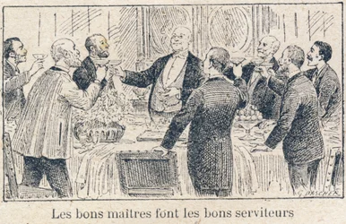 Plichten van het kind op school: Plichten van Meesters en Bazen tegenover Dienaren en Werknemers. "Goede meesters maken goede dienaren." Gravure in "Het unieke boek van moraliteit en burgerlijke instructie, bedoeld voor studenten van de drie cursussen van 