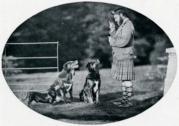 Mr. Francis Clark, de lakei van de koningin, met drie van haar favoriete honden