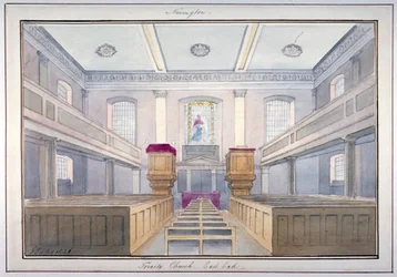 Interieurzicht van het oostelijke einde van de Heilige Drie-eenheidskerk, Newington, Southwark, Londen, 1826