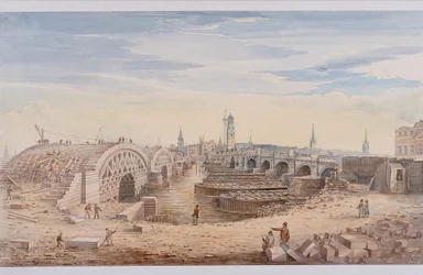 London Bridge oud en nieuw, Londen, 1828