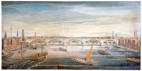 Uitzicht op de nieuwe London Bridge vanuit het westen, met boten en schuiten op de Theems, 1831