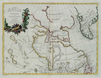 Hudson Bay, Land van Labrador en Groenland met de aangrenzende eilanden, gravure door G. Zuliani uit Tome I van de "Nieuwste Atlas" gepubliceerd in Venetië in 1778 door Antonio Zatta, Privécollectie