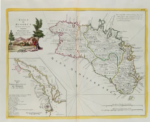 Eiland Minorca en het plan van de haven en de stad Mahon en zijn forten, gravure door G. Zuliani uit Tome I van de "Nieuwste Atlas" gepubliceerd in Venetië in 1778 door Antonio Zatta, privécollectie