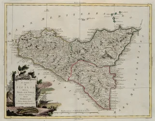 Eiland Sicilië, verdeeld in zijn valleien, gravure door G. Zuliani uit Tome II van de Nieuwste Atlas gepubliceerd in Venetië in 1782 door Antonio Zatta, Privécollectie