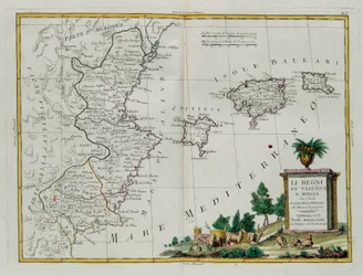 Koninkrijken Valencia en Murcia met de Balearen en Pitiuse-eilanden, gravure door G. Zuliani uit Tome I van de Nieuwste Atlas gepubliceerd in Venetië in 1775 door Antonio Zatta, Privécollectie